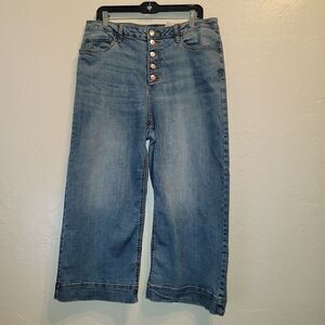 Time & True Womens Sz 16 Capri Crop Trouser Jeans Medium Wash Button Fly Stretch